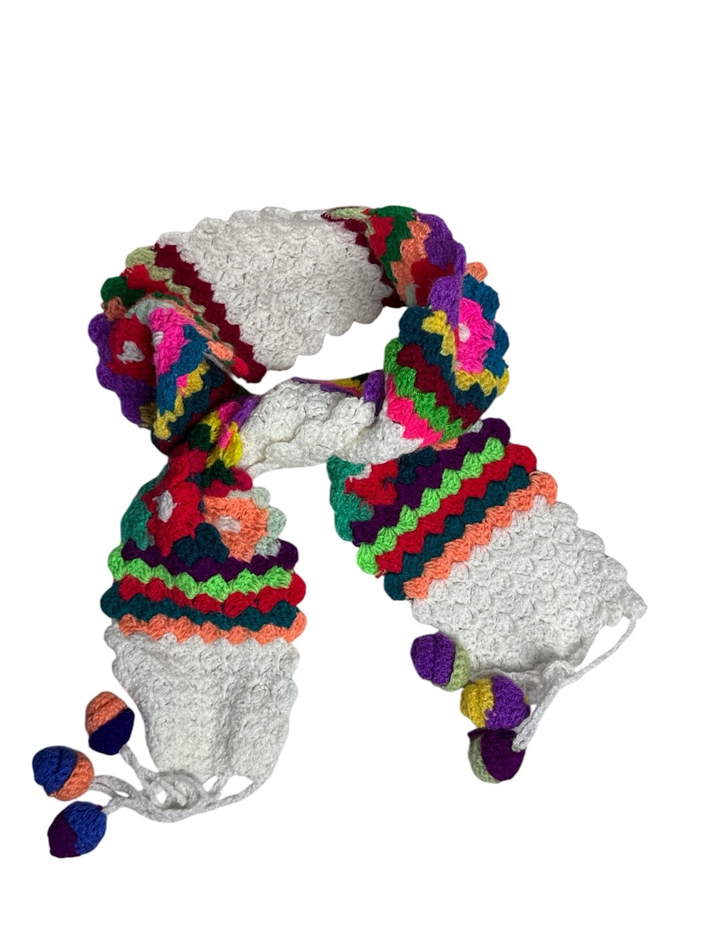 Handmade Colorful Crochet
Floral Scarf with Pom Poms